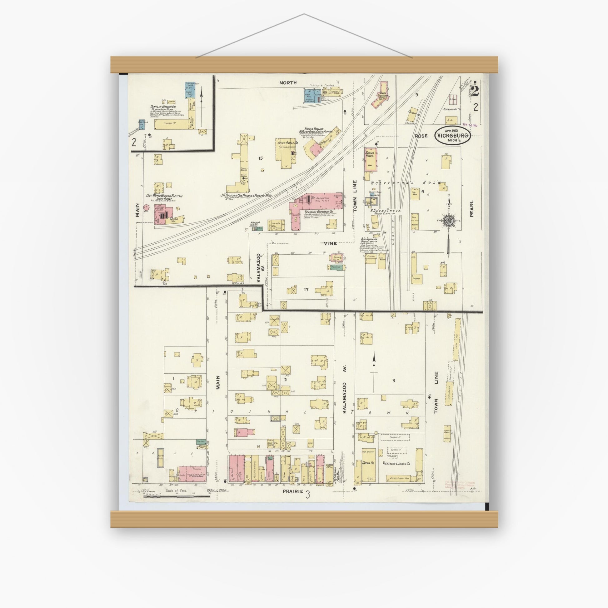 Old map wall art mockup — magnetic wood frame on white wall — Sanborn Fire Insurance Map from Vicksburg, Kalamazoo County, Michigan (1910), Sheet #0002