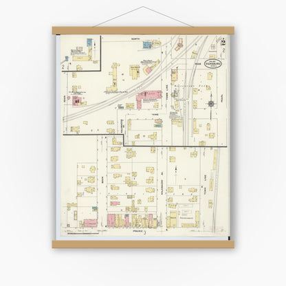 Old map wall art mockup — magnetic wood frame on white wall — Sanborn Fire Insurance Map from Vicksburg, Kalamazoo County, Michigan (1910), Sheet #0002