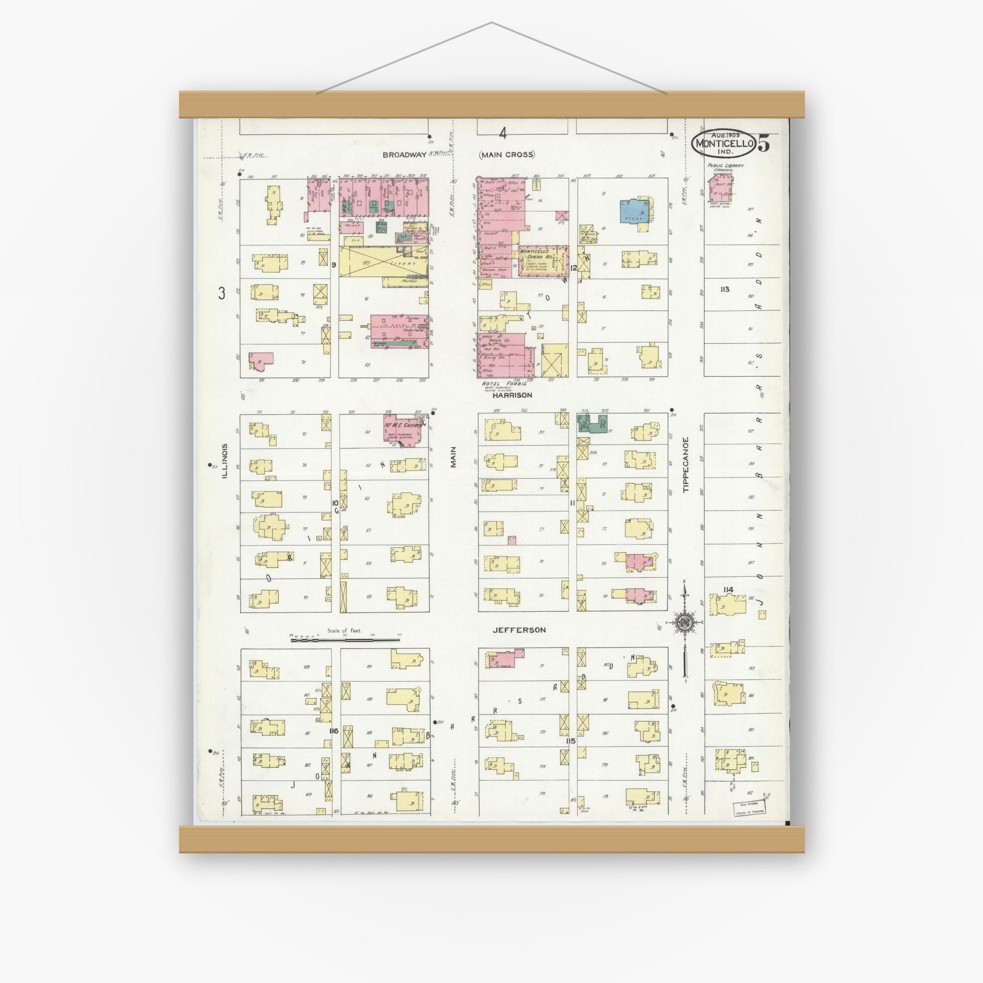 Old map wall art mockup — magnetic wood frame on white wall — Sanborn Fire Insurance Map from Monticello, White County, Indiana (1909), Sheet #0005