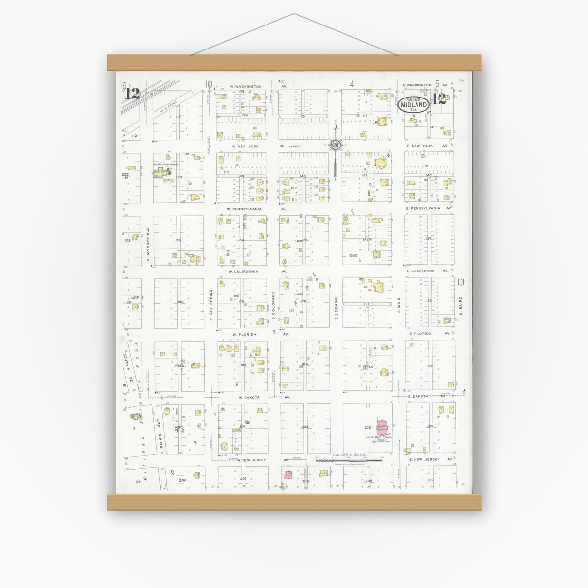 Old map wall art mockup — magnetic wood frame on white wall — Sanborn Fire Insurance Map from Midland, Midland County, Texas (1929), Sheet #0012