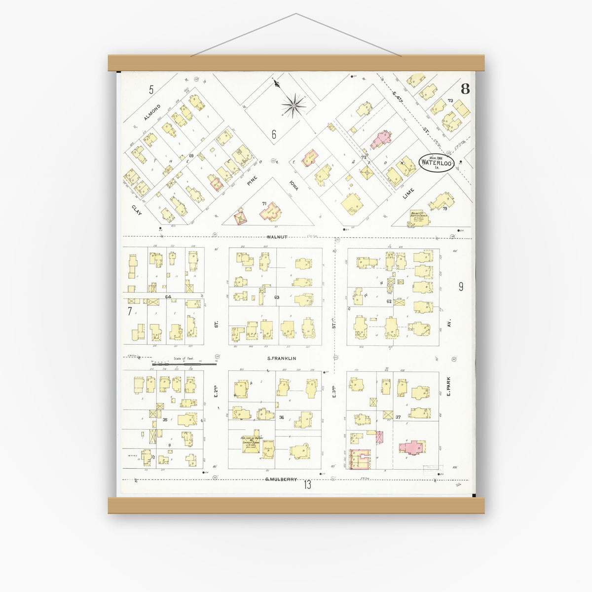 Old map wall art mockup — magnetic wood frame on white wall — Sanborn Fire Insurance Map from Waterloo, Black Hawk County, Iowa (1906), Sheet #0008