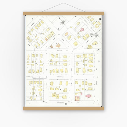 Old map wall art mockup — magnetic wood frame on white wall — Sanborn Fire Insurance Map from Waterloo, Black Hawk County, Iowa (1906), Sheet #0008