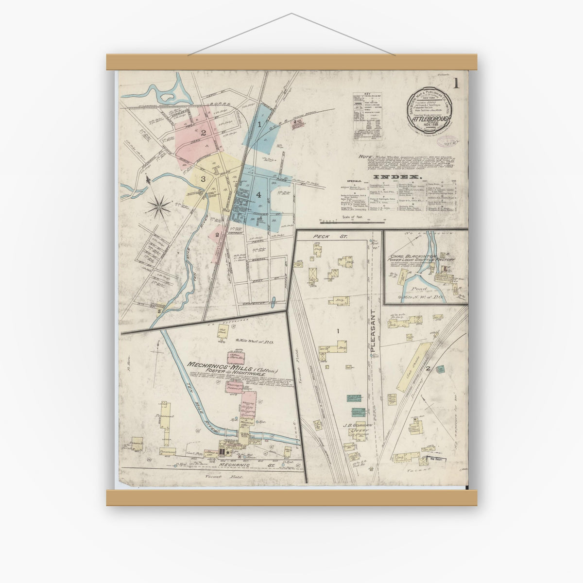 Old map wall art mockup — magnetic wood frame on white wall — Sanborn Fire Insurance Map from Attleboro, Bristol County, Massachusetts (1885) - Complete Map Set