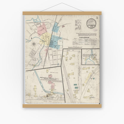 Old map wall art mockup — magnetic wood frame on white wall — Sanborn Fire Insurance Map from Attleboro, Bristol County, Massachusetts (1885) - Complete Map Set