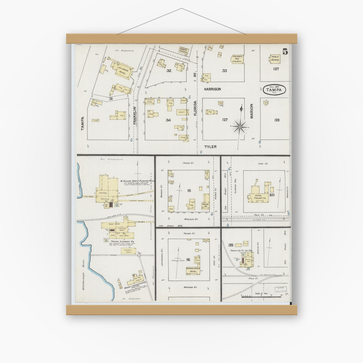 Old map wall art mockup — magnetic wood frame on white wall — Sanborn Fire Insurance Map from Tampa, Hillsborough County, Florida (1889), Sheet #0005