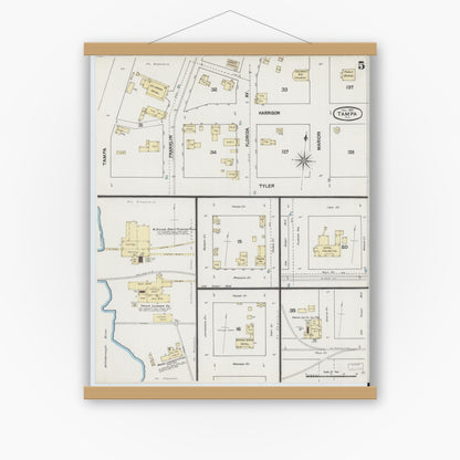 Old map wall art mockup — magnetic wood frame on white wall — Sanborn Fire Insurance Map from Tampa, Hillsborough County, Florida (1889), Sheet #0005