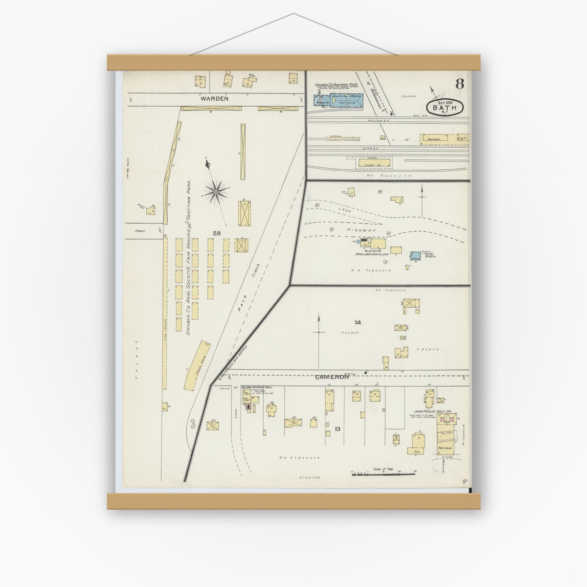 Old map wall art mockup — magnetic wood frame on white wall — Sanborn Fire Insurance Map from Bath, Steuben County, New York (1893), Sheet #0008