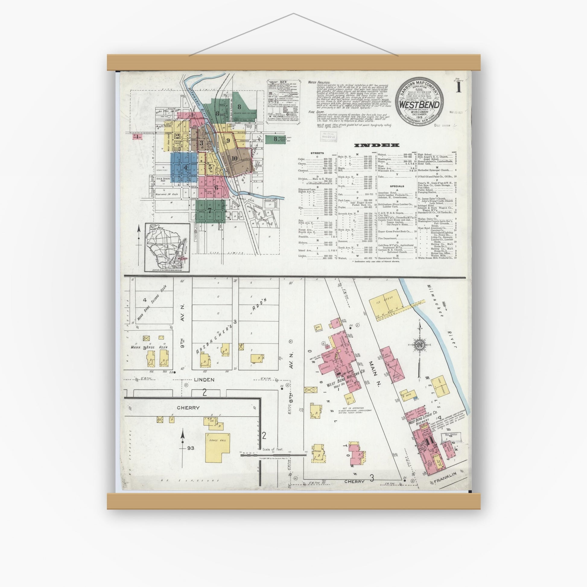 Old map wall art mockup — magnetic wood frame on white wall — Sanborn Fire Insurance Map from West Bend, Washington County, Wisconsin (1919) - Complete Map Set