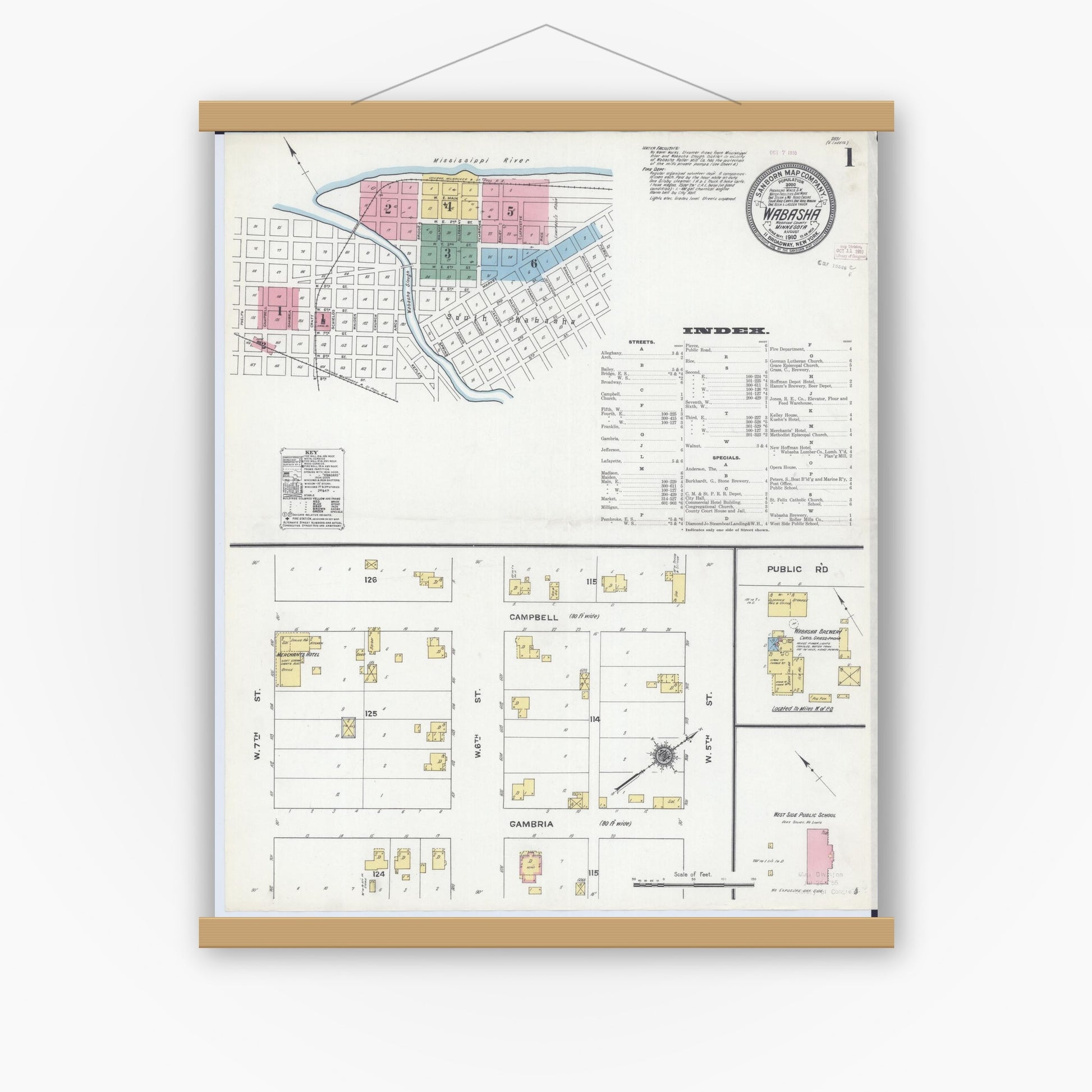Old map wall art mockup — magnetic wood frame on white wall — Sanborn Fire Insurance Map from Wabasha, Wabasha County, Minnesota (1910) - Complete Map Set