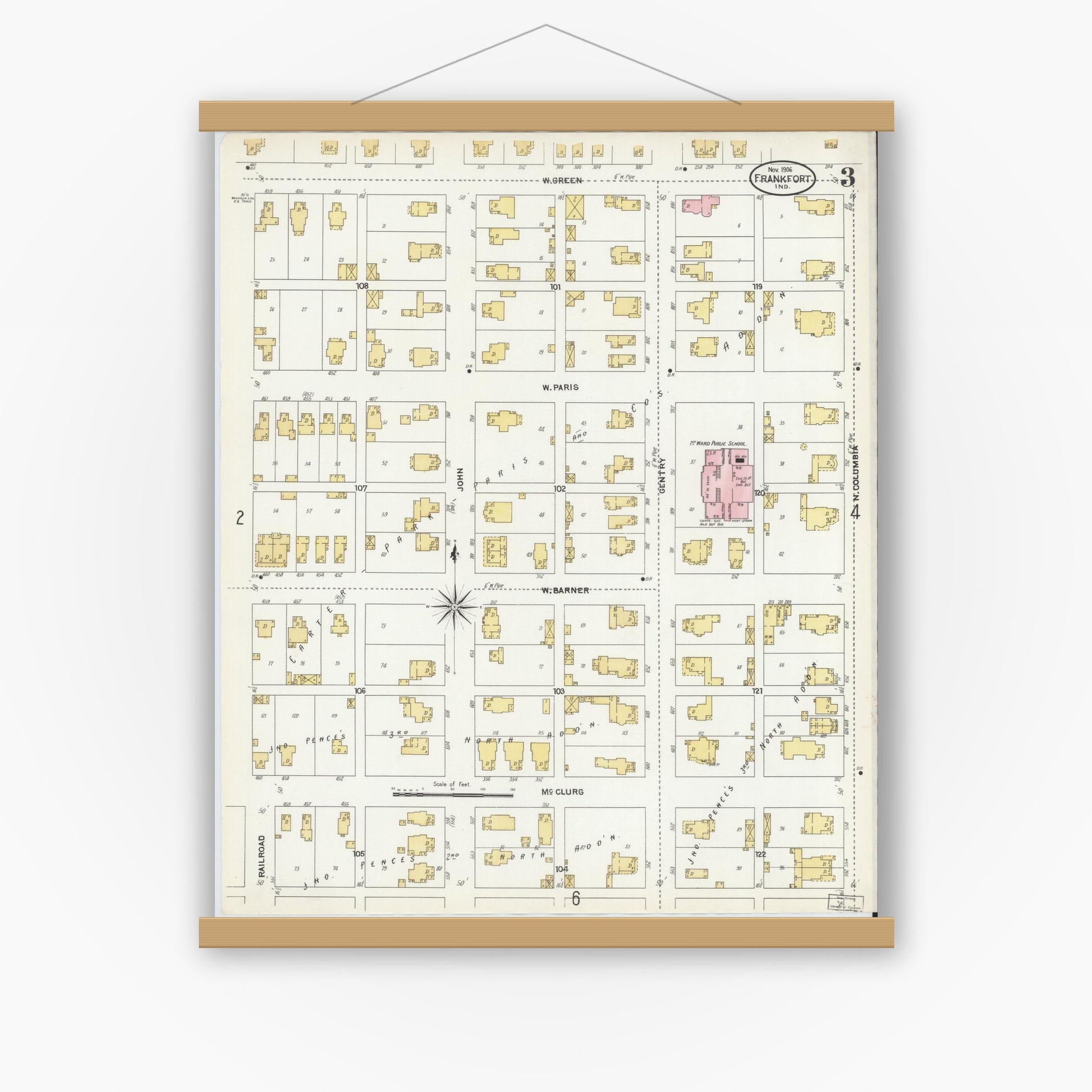 Old map wall art mockup — magnetic wood frame on white wall — Sanborn Fire Insurance Map from Frankfort, Clinton County, Indiana (1906), Sheet #0003