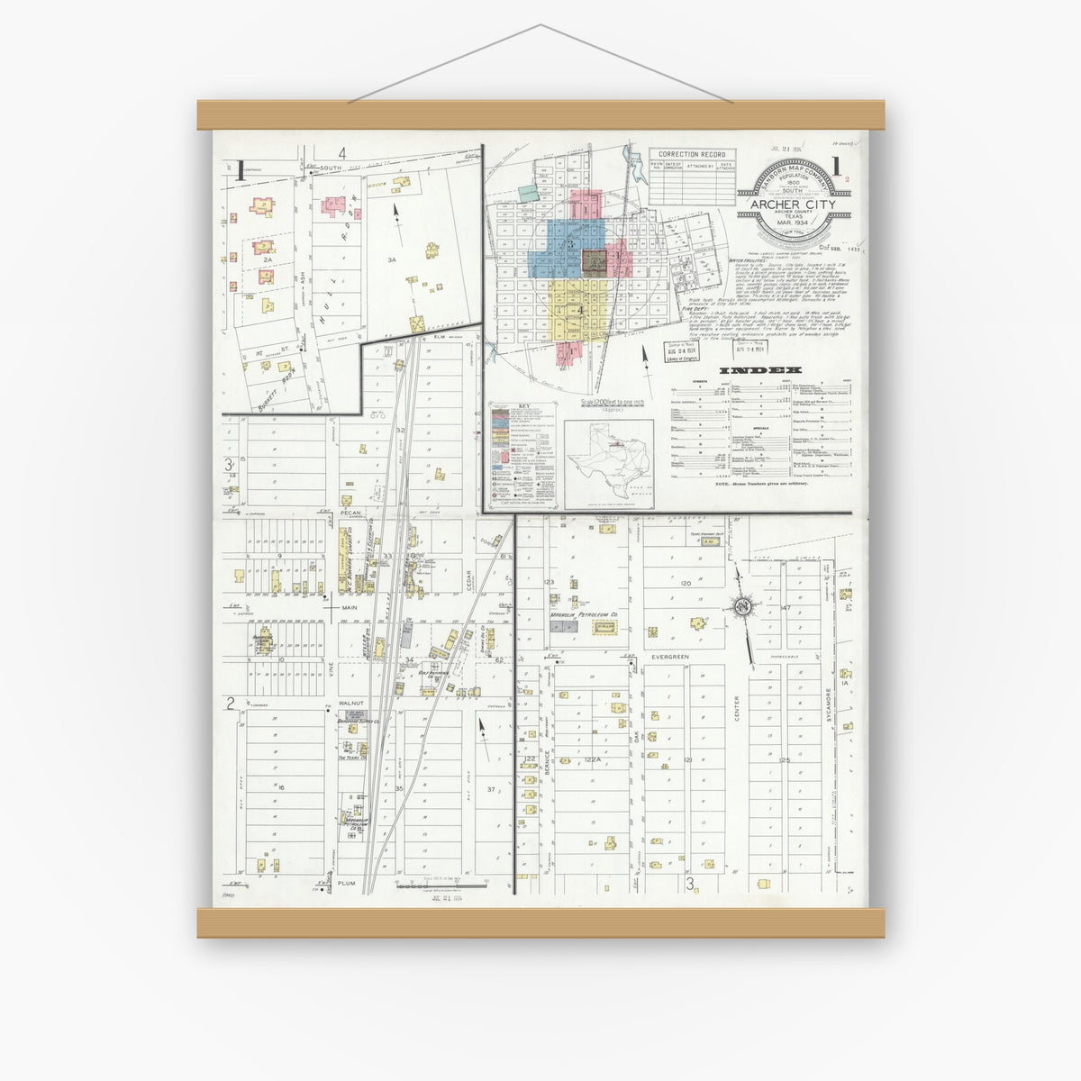 Old map wall art mockup — magnetic wood frame on white wall — Sanborn Fire Insurance Map from Archer City, Archer County, Texas (1934) - Complete Map Set