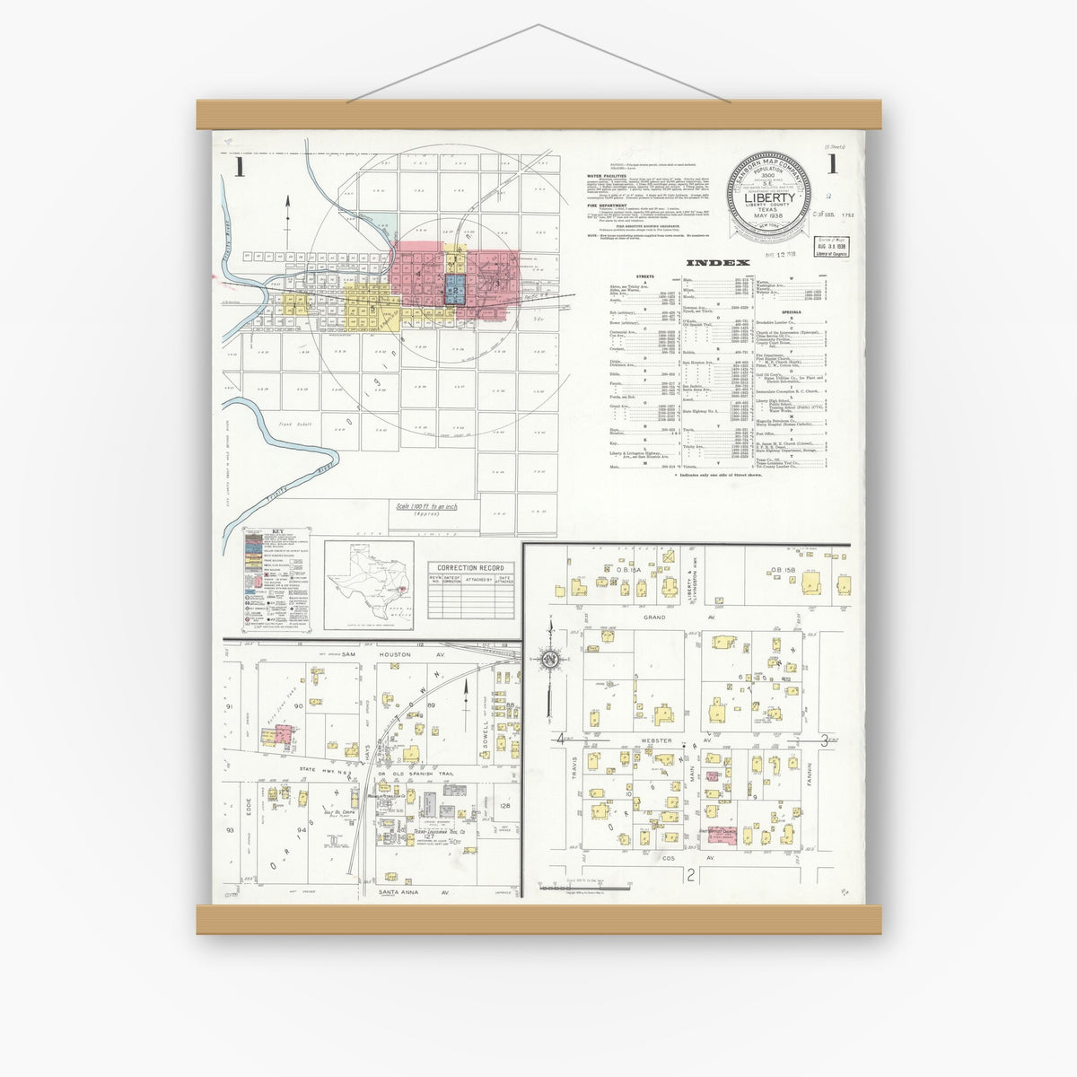 Old map wall art mockup — magnetic wood frame on white wall — Sanborn Fire Insurance Map from Liberty, Liberty County, Texas (1938), Sheet #0001