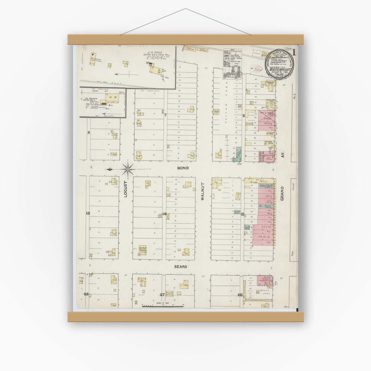 Old map wall art mockup — magnetic wood frame on white wall — Sanborn Fire Insurance Map from Whitewright, Grayson County, Texas (1891), Sheet #0001