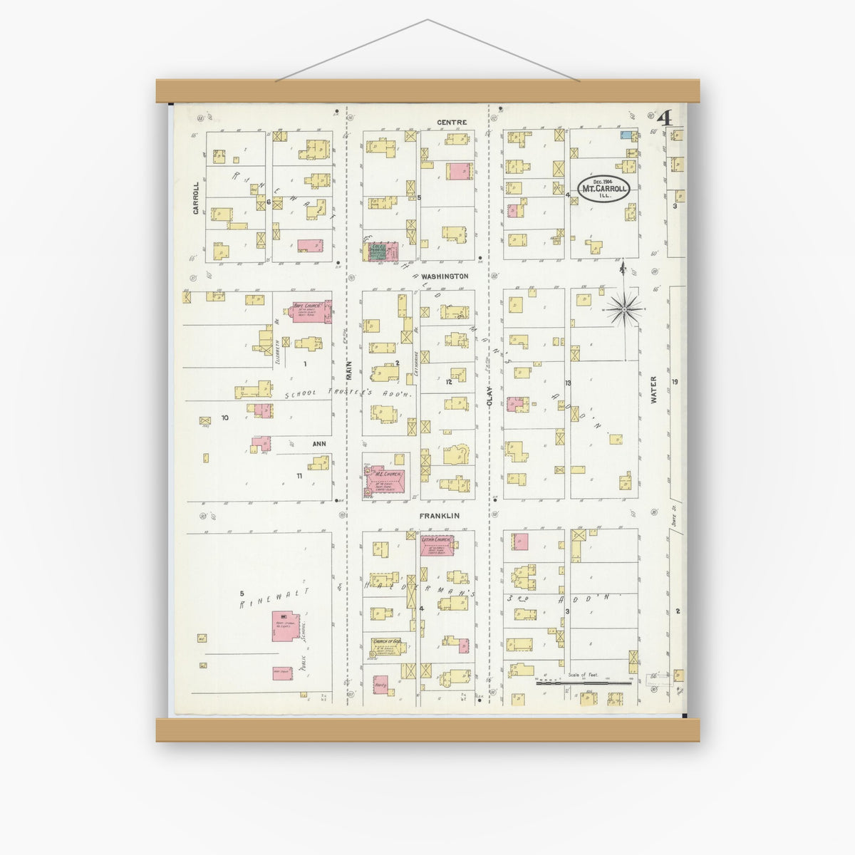 Old map wall art mockup — magnetic wood frame on white wall — Sanborn Fire Insurance Map from Mount Carroll, Carroll County, Illinois (1904), Sheet #0004