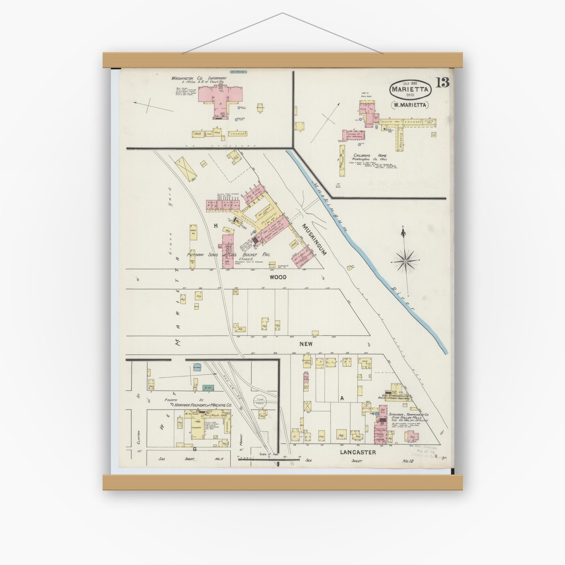 Old map wall art mockup — magnetic wood frame on white wall — Sanborn Fire Insurance Map from Marietta, Washington County, Ohio (1890), Sheet #0013