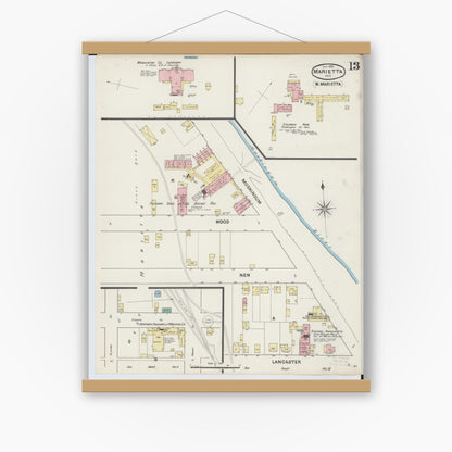 Old map wall art mockup — magnetic wood frame on white wall — Sanborn Fire Insurance Map from Marietta, Washington County, Ohio (1890), Sheet #0013