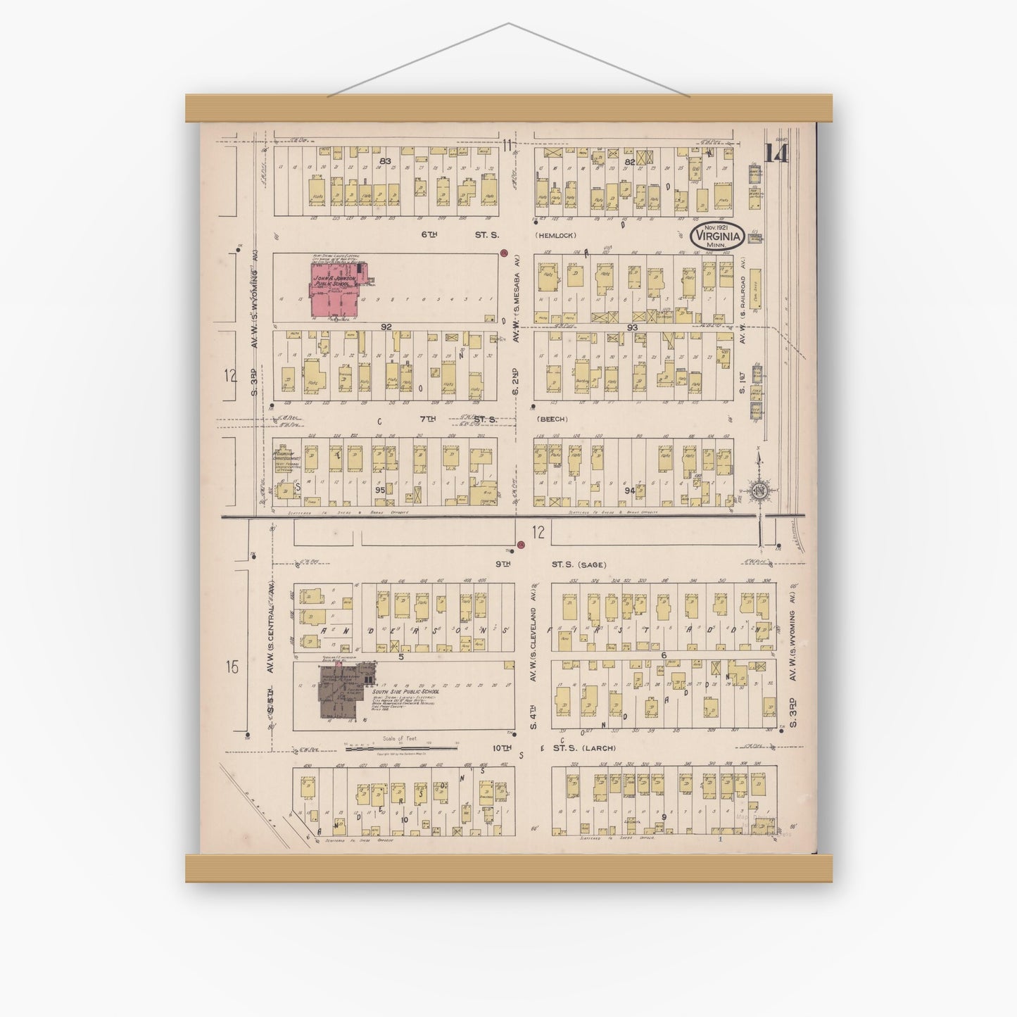 Old map wall art mockup — magnetic wood frame on white wall — Sanborn Fire Insurance Map from Virginia, Saint Louis County, Minnesota (1921), Sheet #0014