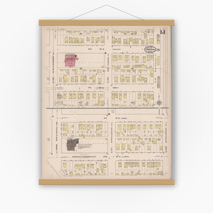 Old map wall art mockup — magnetic wood frame on white wall — Sanborn Fire Insurance Map from Virginia, Saint Louis County, Minnesota (1921), Sheet #0014