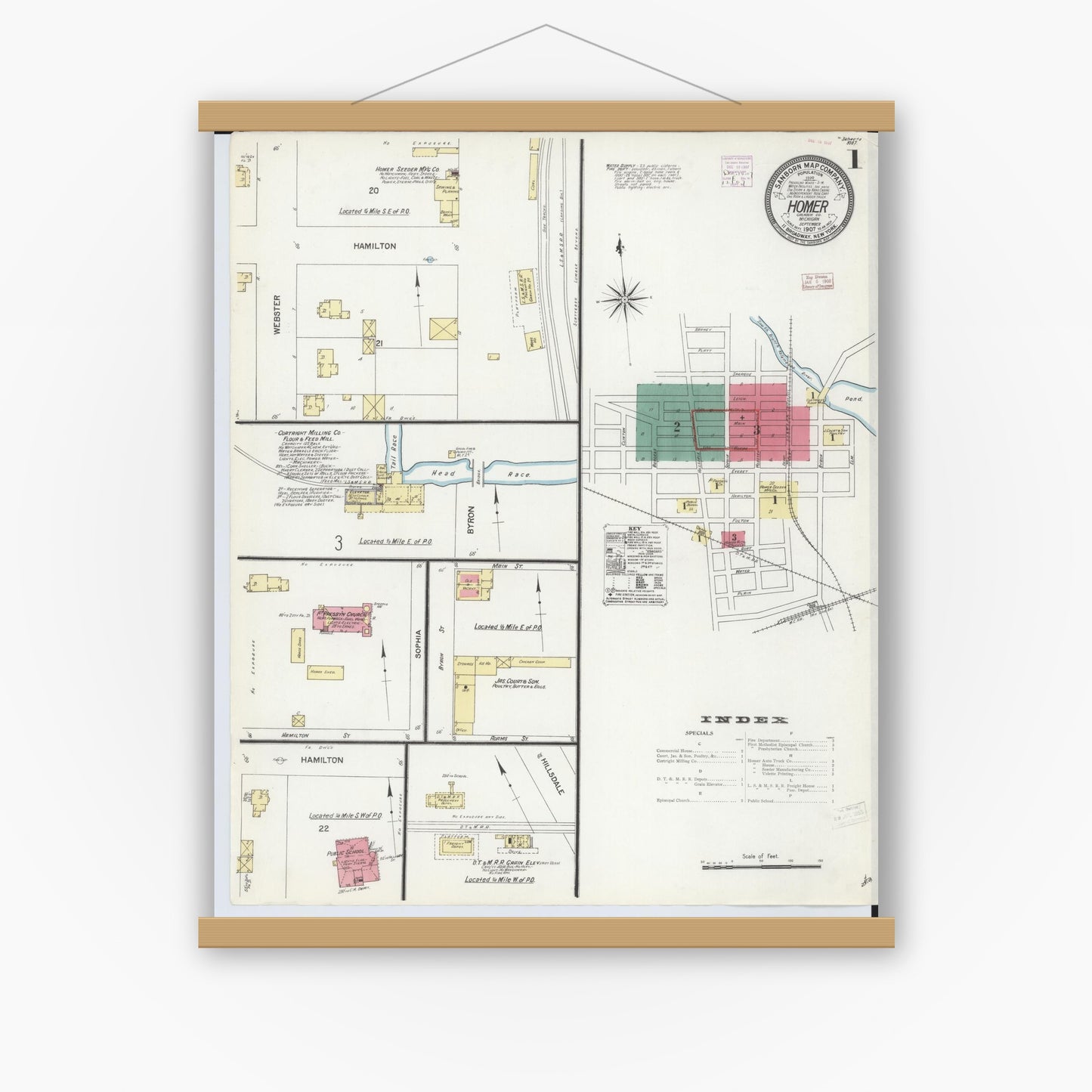 Old map wall art mockup — magnetic wood frame on white wall — Sanborn Fire Insurance Map from Homer, Calhoun County, Michigan (1907) - Complete Map Set