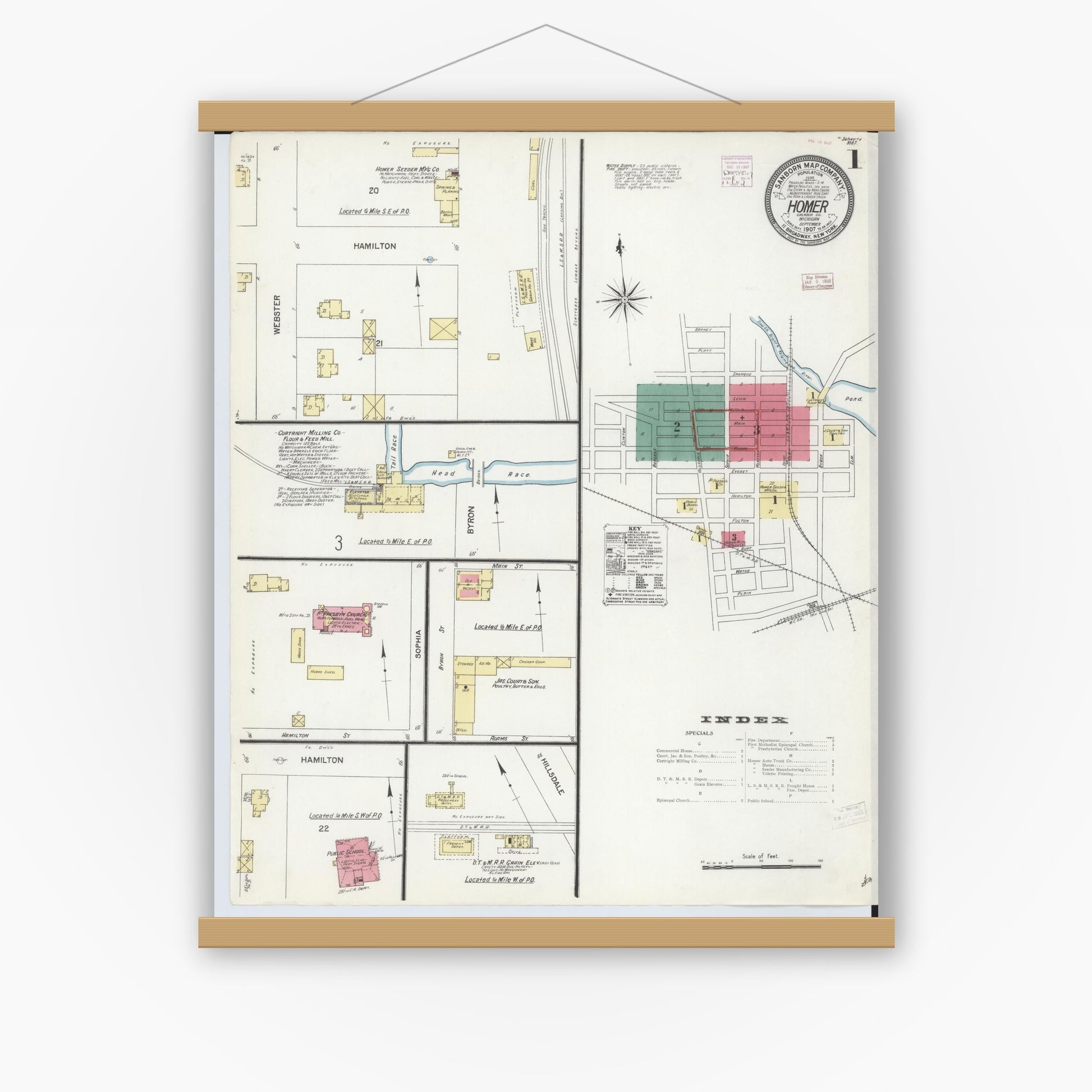 Old map wall art mockup — magnetic wood frame on white wall — Sanborn Fire Insurance Map from Homer, Calhoun County, Michigan (1907) - Complete Map Set
