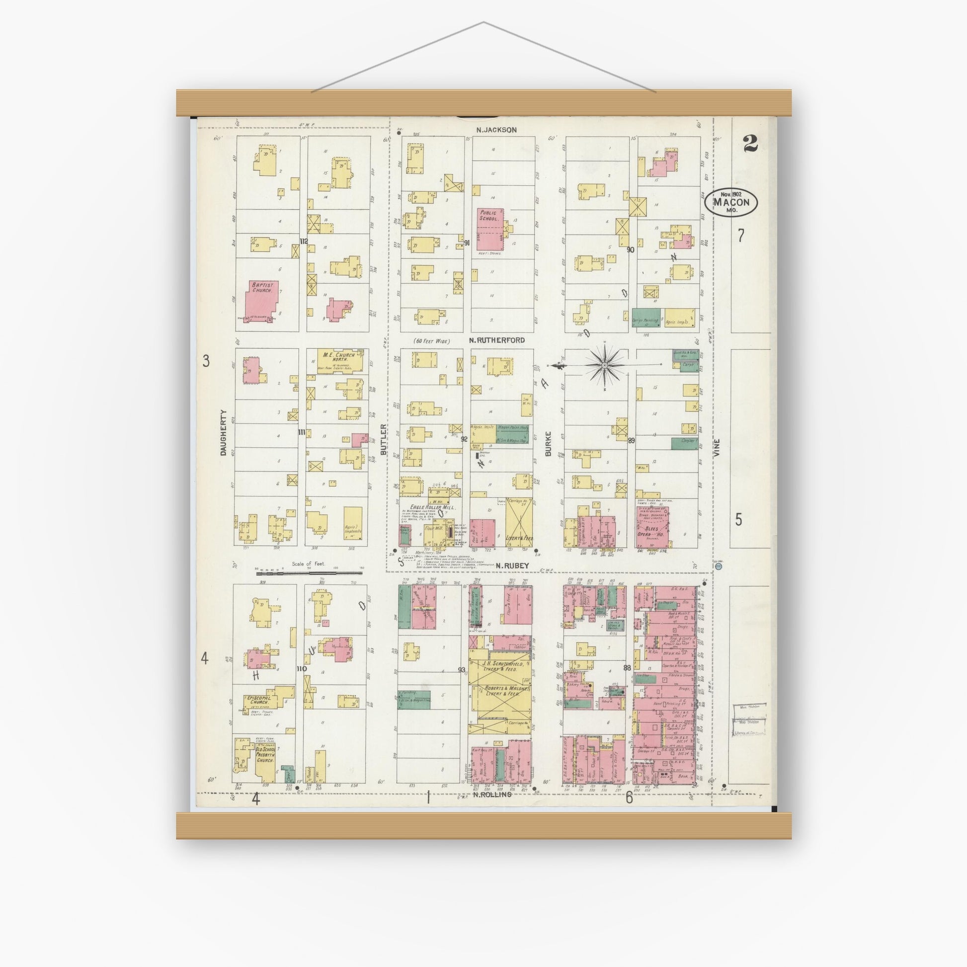 Old map wall art mockup — magnetic wood frame on white wall — Sanborn Fire Insurance Map from Macon, Macon County, Missouri (1902), Sheet #0002