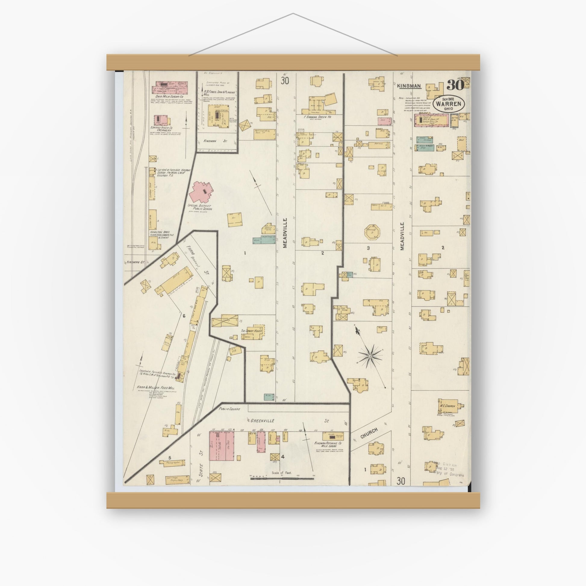 Old map wall art mockup — magnetic wood frame on white wall — Sanborn Fire Insurance Map from Warren, Trumbull County, Ohio (1902), Sheet #0030