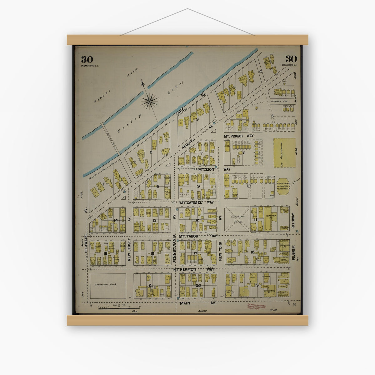 Old map wall art mockup — magnetic wood frame on white wall — Sanborn Fire Insurance Map from New Jersey Coast, New Jersey Coast, New Jersey (1890), Sheet #0030