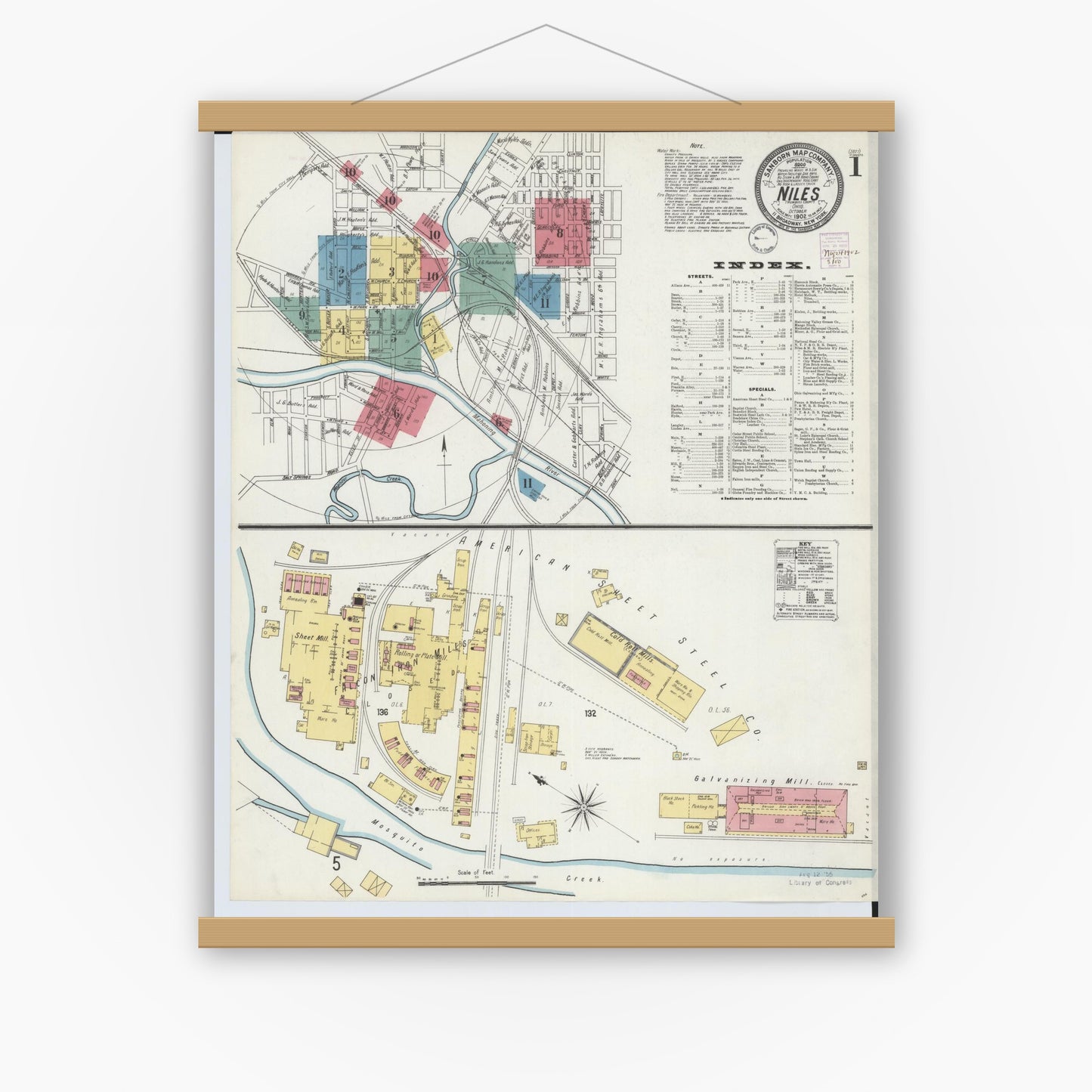 Old map wall art mockup — magnetic wood frame on white wall — Sanborn Fire Insurance Map from Niles, Trumbull County, Ohio (1902), Sheet #0001