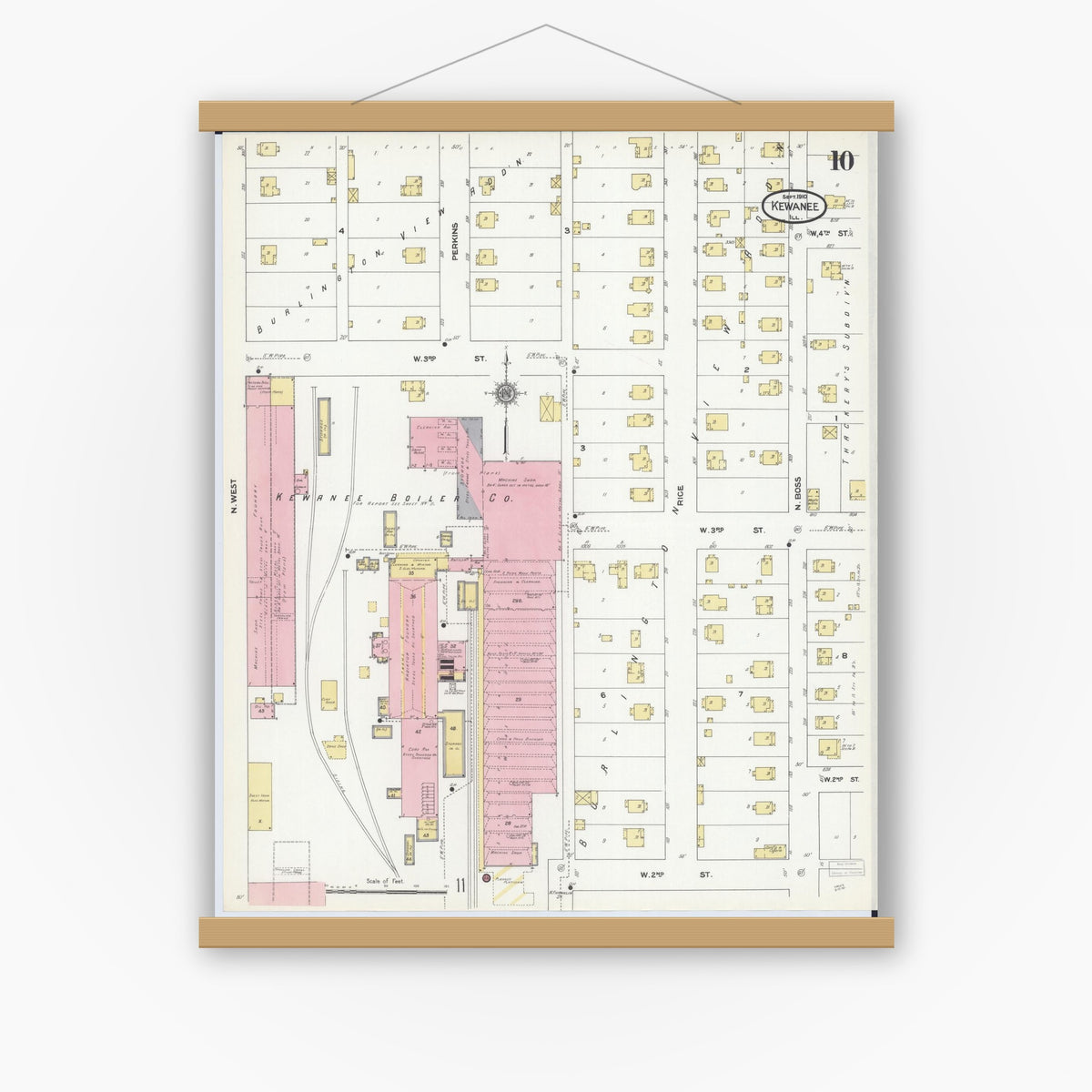 Old map wall art mockup — magnetic wood frame on white wall — Sanborn Fire Insurance Map from Kewanee, Henry County, Illinois (1910), Sheet #0010