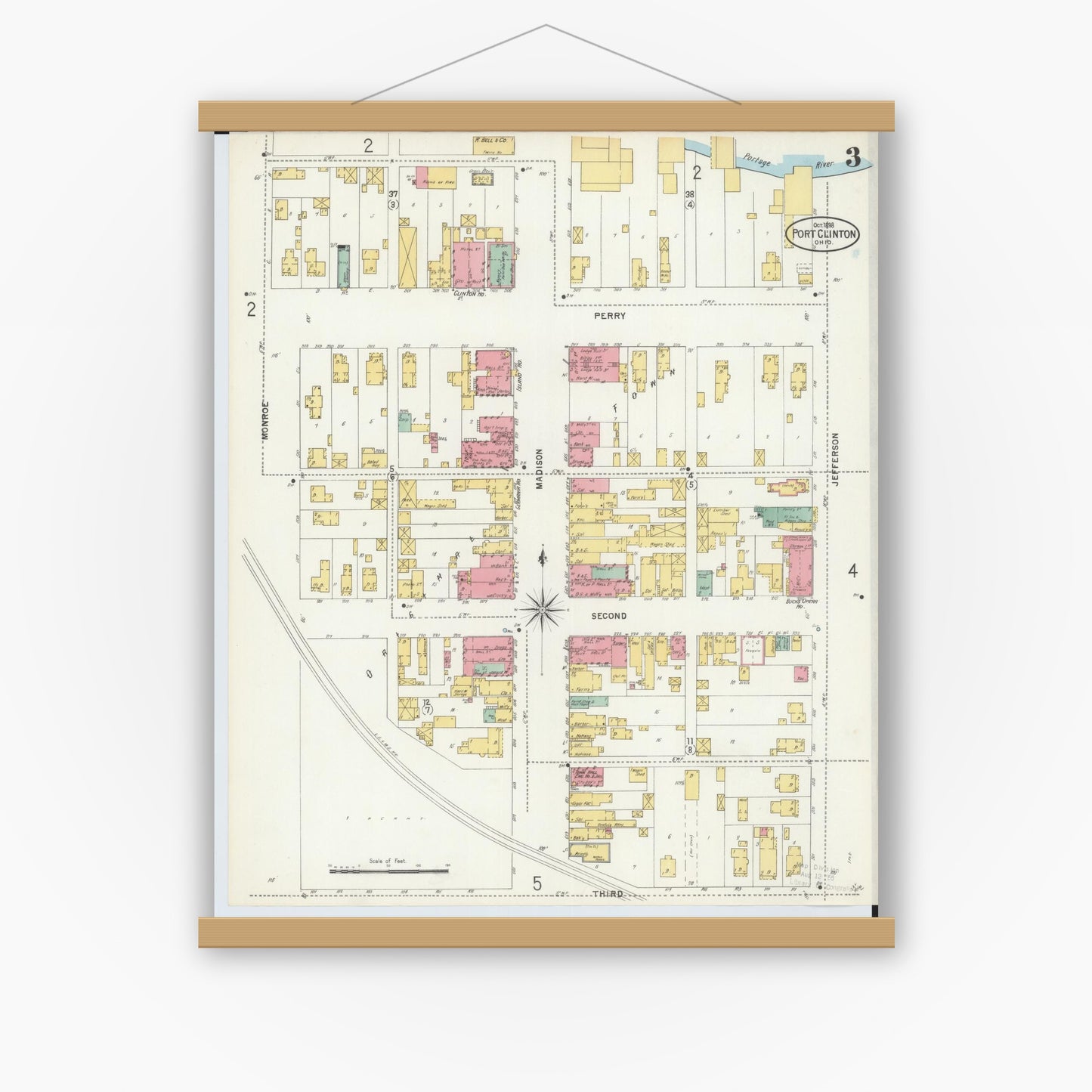 Old map wall art mockup — magnetic wood frame on white wall — Sanborn Fire Insurance Map from Port Clinton, Ottawa County, Ohio (1898), Sheet #0003