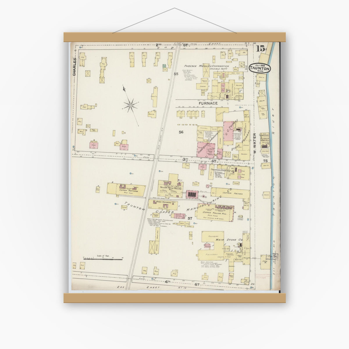 Old map wall art mockup — magnetic wood frame on white wall — Sanborn Fire Insurance Map from Taunton, Bristol County, Massachusetts (1888), Sheet #0015