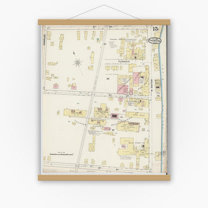 Old map wall art mockup — magnetic wood frame on white wall — Sanborn Fire Insurance Map from Taunton, Bristol County, Massachusetts (1888), Sheet #0015