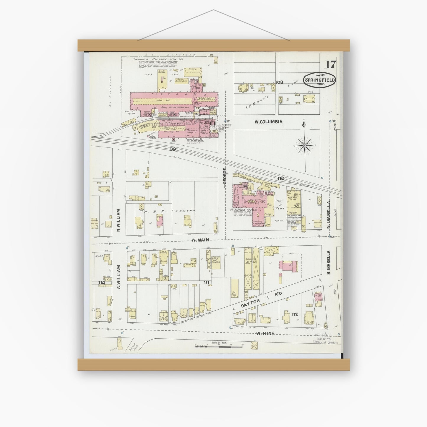 Old map wall art mockup — magnetic wood frame on white wall — Sanborn Fire Insurance Map from Springfield, Clark County, Ohio (1891), Sheet #0017