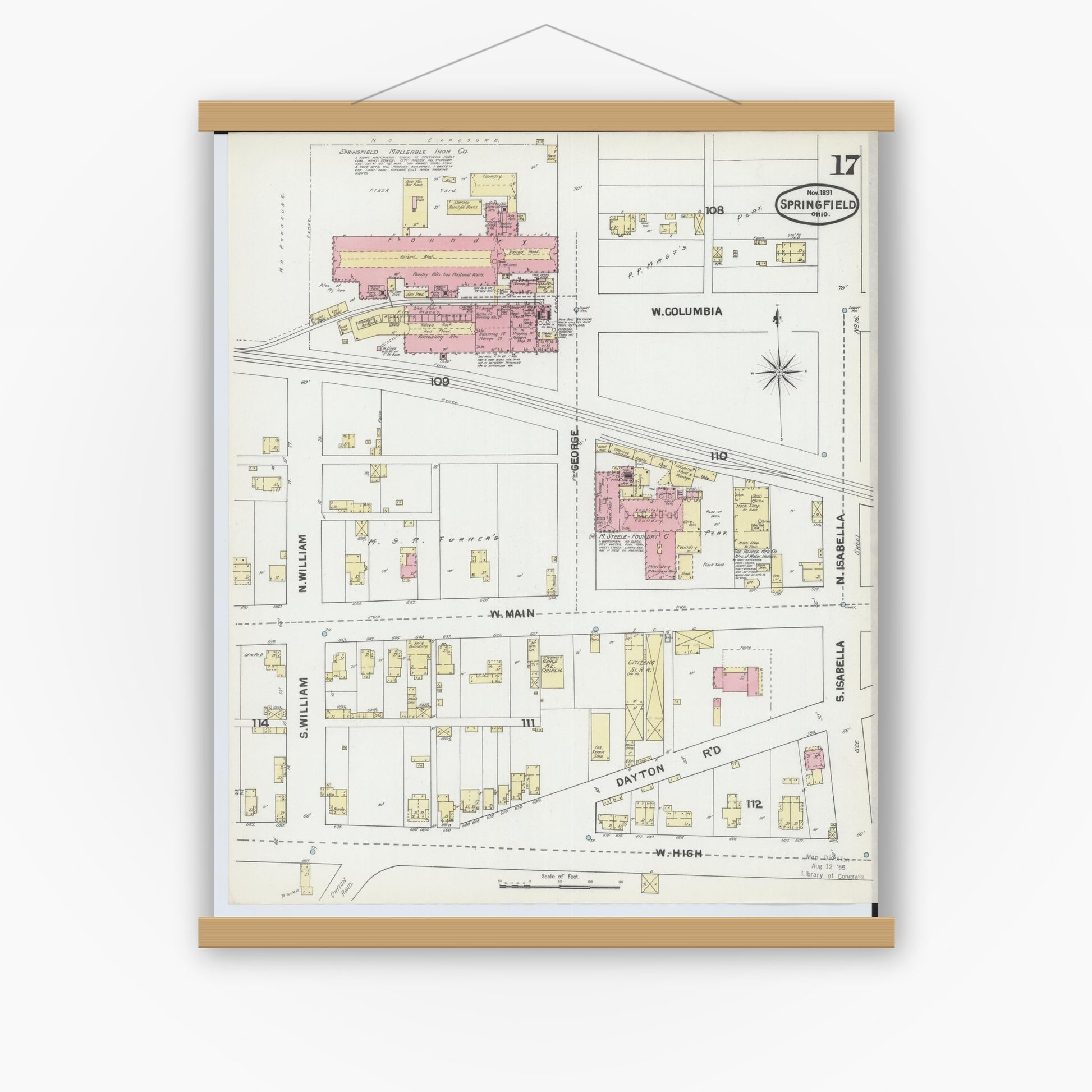 Old map wall art mockup — magnetic wood frame on white wall — Sanborn Fire Insurance Map from Springfield, Clark County, Ohio (1891), Sheet #0017