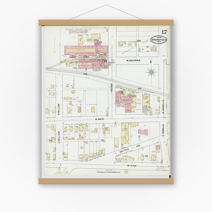 Old map wall art mockup — magnetic wood frame on white wall — Sanborn Fire Insurance Map from Springfield, Clark County, Ohio (1891), Sheet #0017