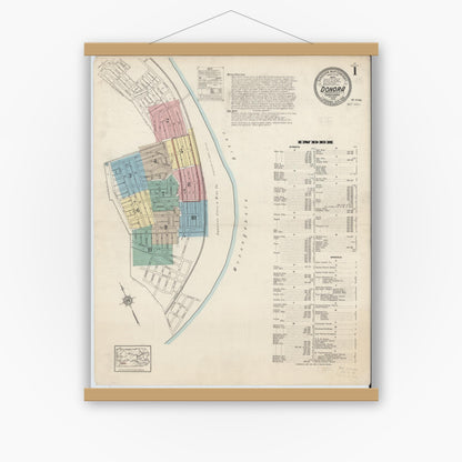 Old map wall art mockup — magnetic wood frame on white wall — Sanborn Fire Insurance Map from Donora, Washington County, Pennsylvania (1914), Sheet #0001