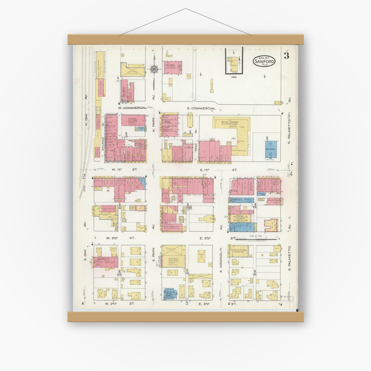 Old map wall art mockup — magnetic wood frame on white wall — Sanborn Fire Insurance Map from Sanford, Seminole County, Florida (1917), Sheet #0003