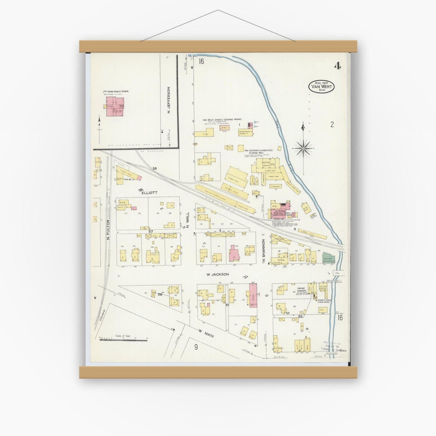 Old map wall art mockup — magnetic wood frame on white wall — Sanborn Fire Insurance Map from Van Wert, Van Wert County, Ohio (1907), Sheet #0004