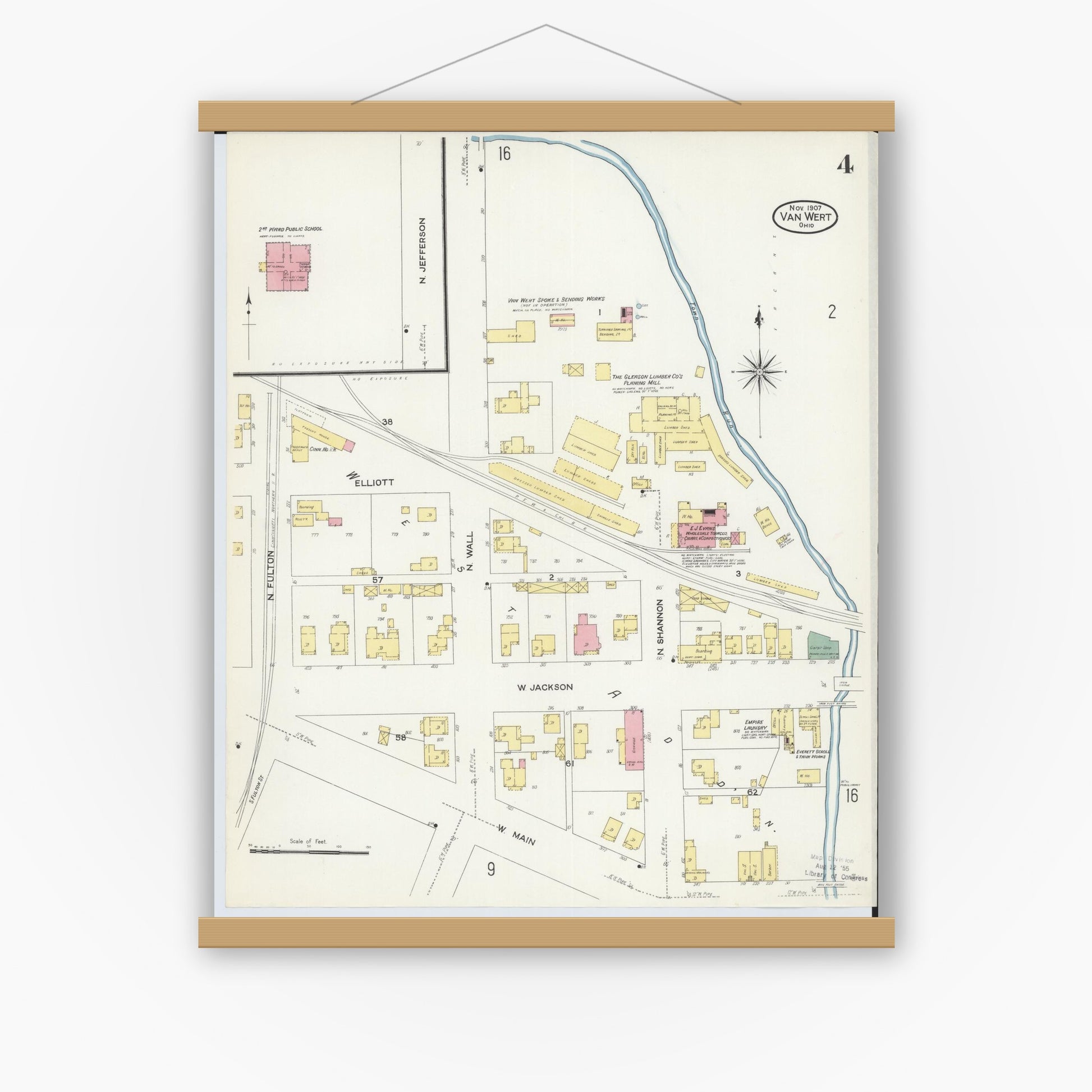 Old map wall art mockup — magnetic wood frame on white wall — Sanborn Fire Insurance Map from Van Wert, Van Wert County, Ohio (1907), Sheet #0004