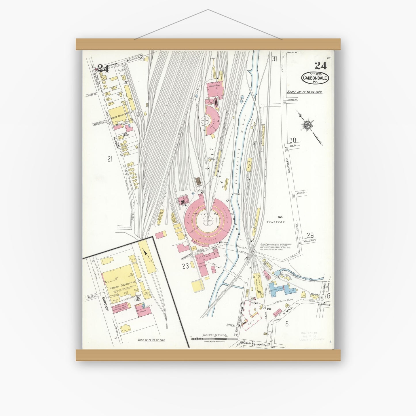 Old map wall art mockup — magnetic wood frame on white wall — Sanborn Fire Insurance Map from Carbondale, Lackawanna County, Pennsylvania (1923), Sheet #0024