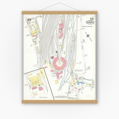 Old map wall art mockup — magnetic wood frame on white wall — Sanborn Fire Insurance Map from Carbondale, Lackawanna County, Pennsylvania (1923), Sheet #0024