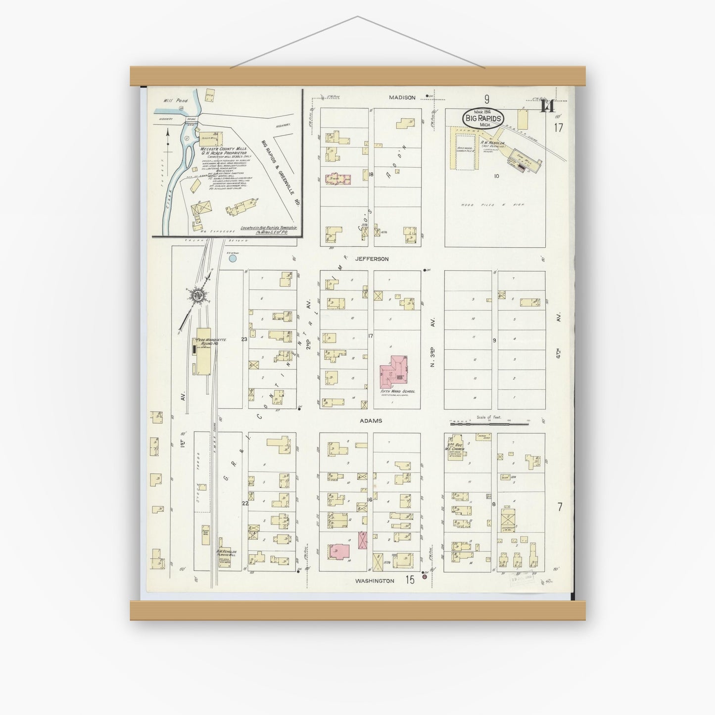 Old map wall art mockup — magnetic wood frame on white wall — Sanborn Fire Insurance Map from Big Rapids, Mecosta County, Michigan (1914), Sheet #0014