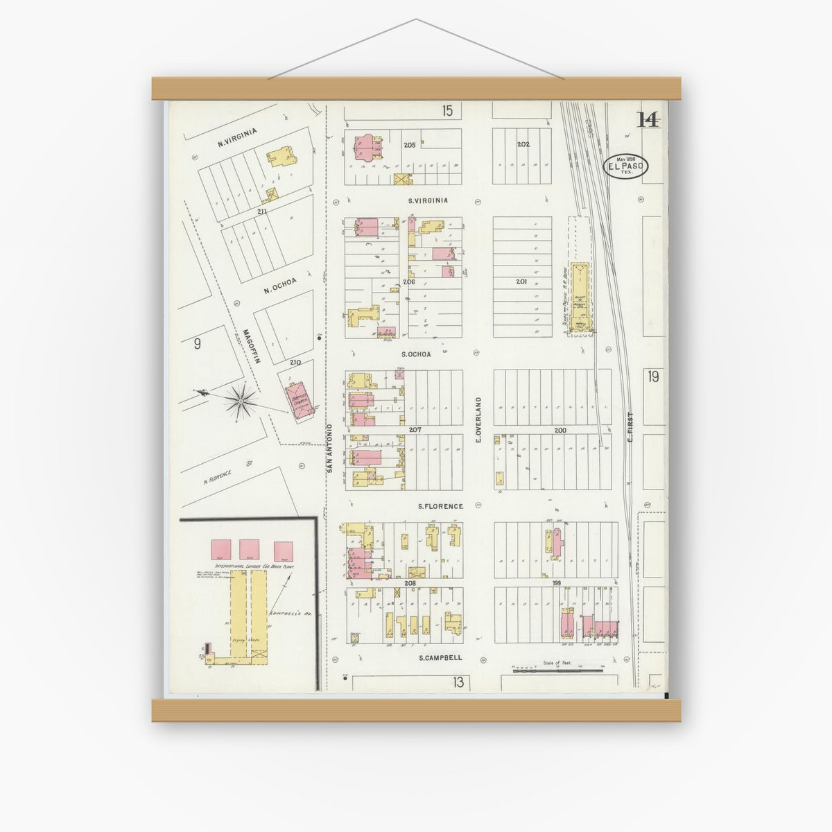 Old map wall art mockup — magnetic wood frame on white wall — Sanborn Fire Insurance Map from El Paso, El Paso County, Texas (1898), Sheet #0014
