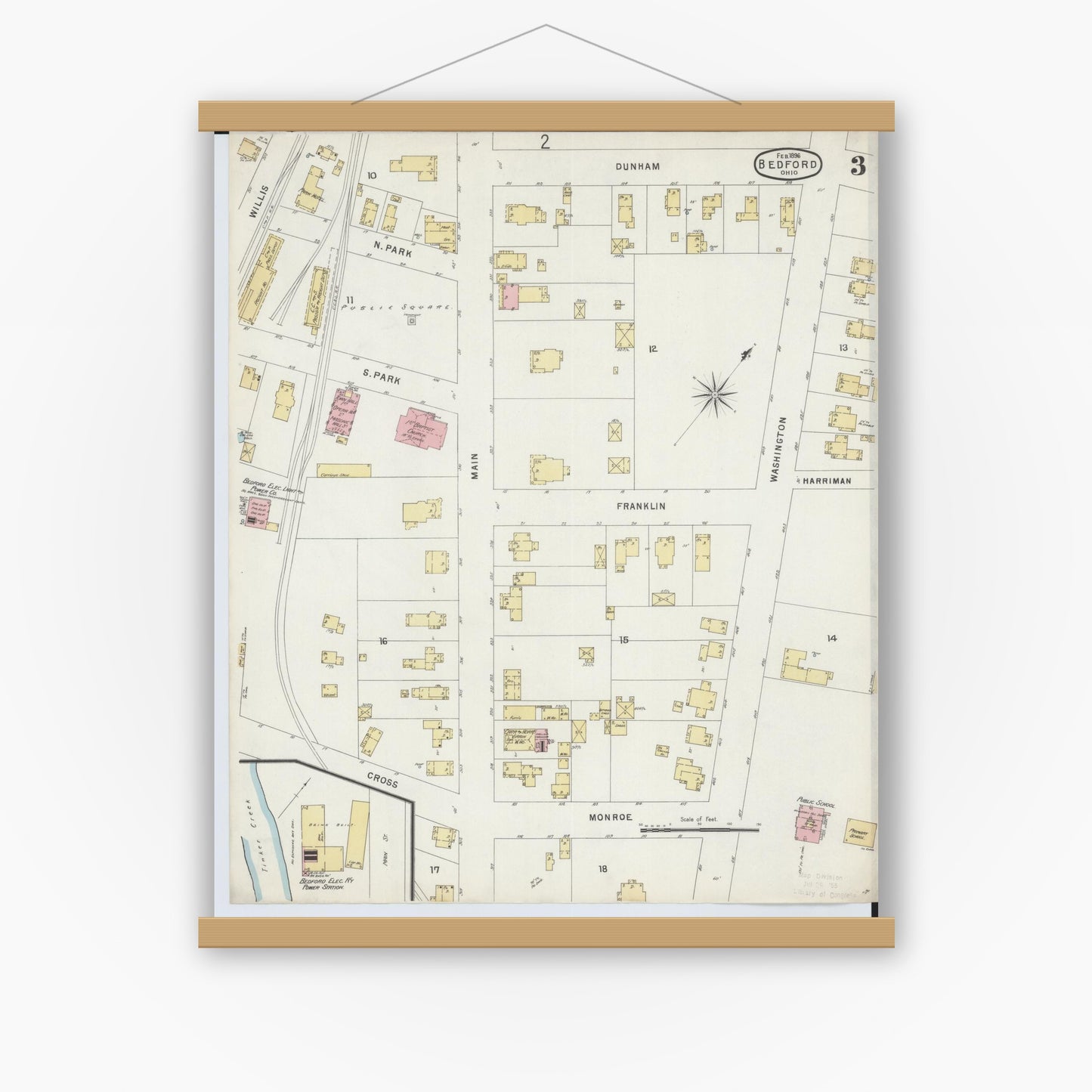 Old map wall art mockup — magnetic wood frame on white wall — Sanborn Fire Insurance Map from Bedford, Cuyahoga County, Ohio (1896), Sheet #0003