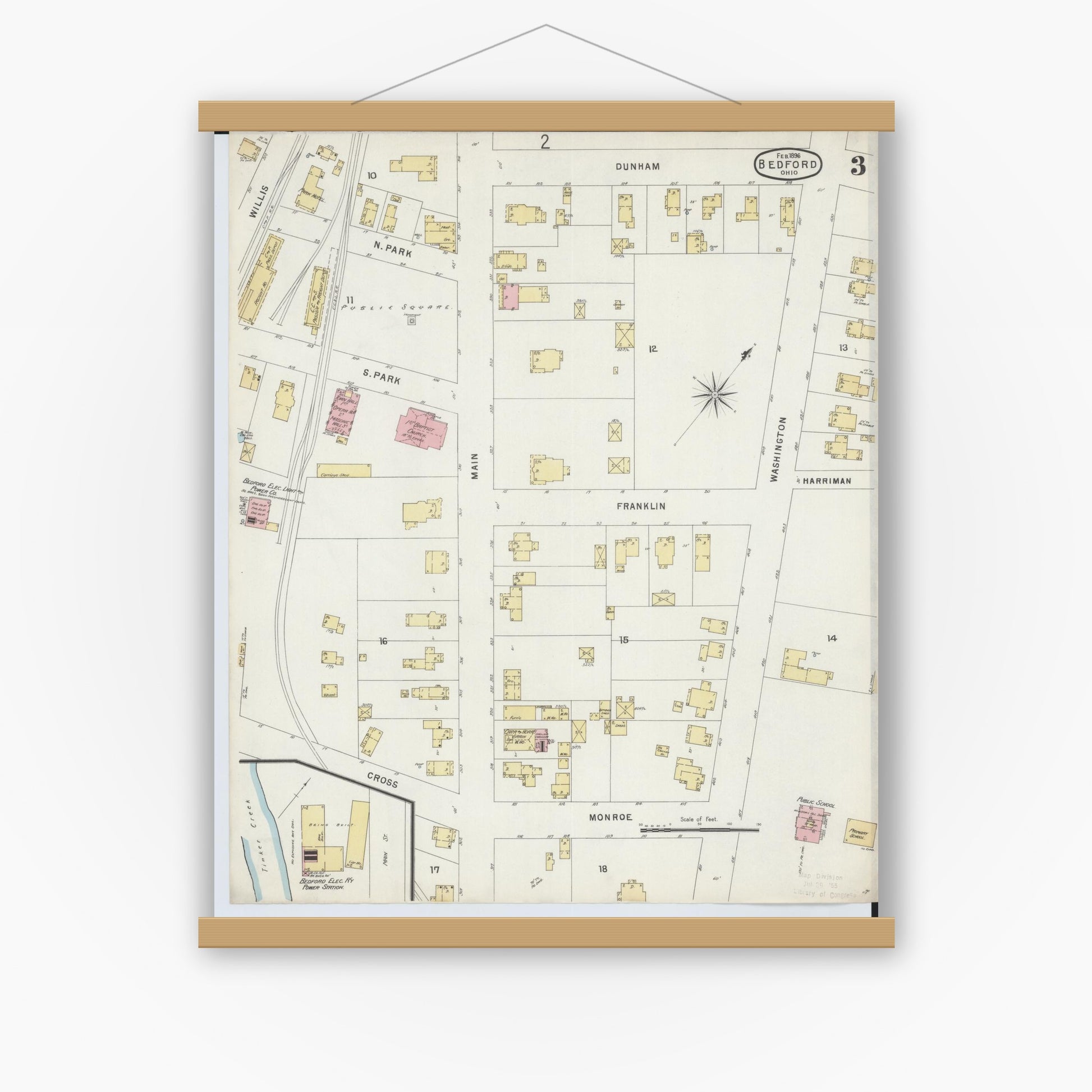 Old map wall art mockup — magnetic wood frame on white wall — Sanborn Fire Insurance Map from Bedford, Cuyahoga County, Ohio (1896), Sheet #0003