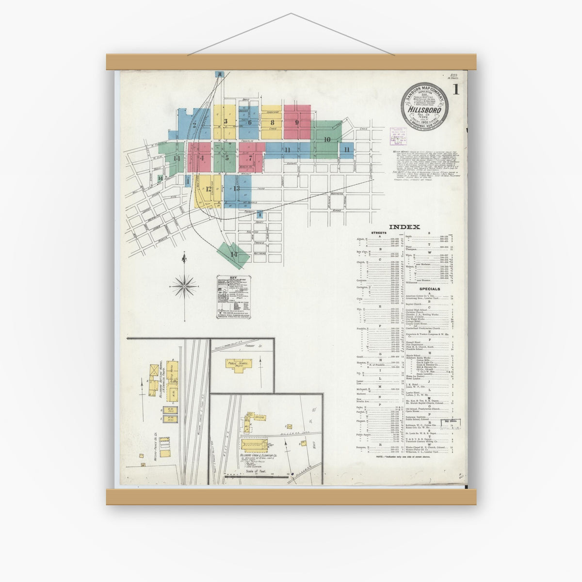 Old map wall art mockup — magnetic wood frame on white wall — Sanborn Fire Insurance Map from Hillsboro, Hill County, Texas (1905), Sheet #0001