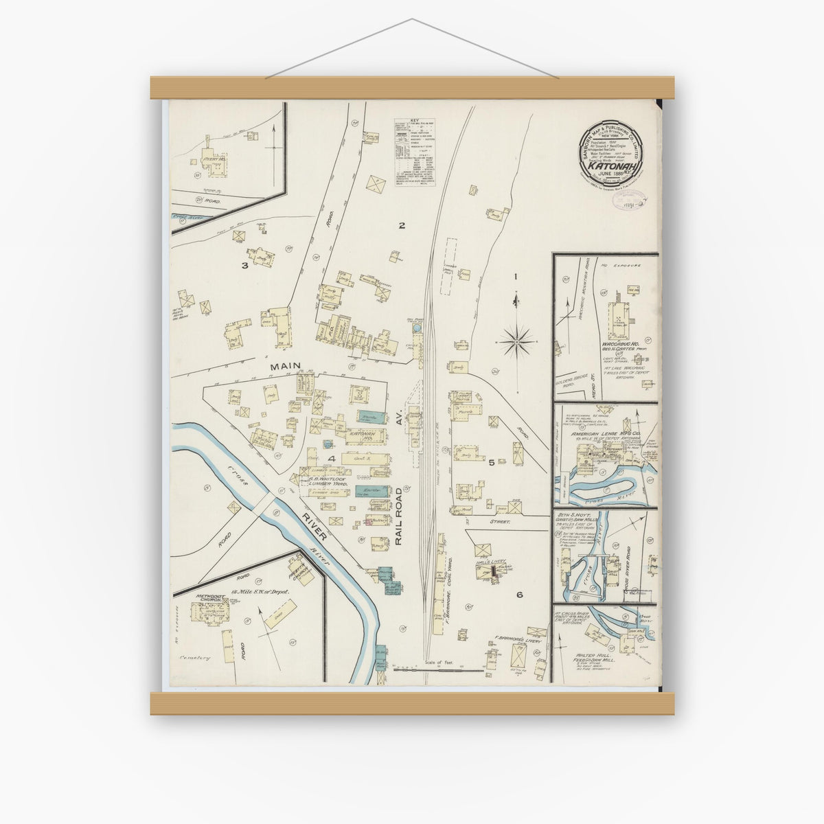 Old map wall art mockup — magnetic wood frame on white wall — Sanborn Fire Insurance Map from Katonah, Westchester County, New York (1885), Sheet #0001