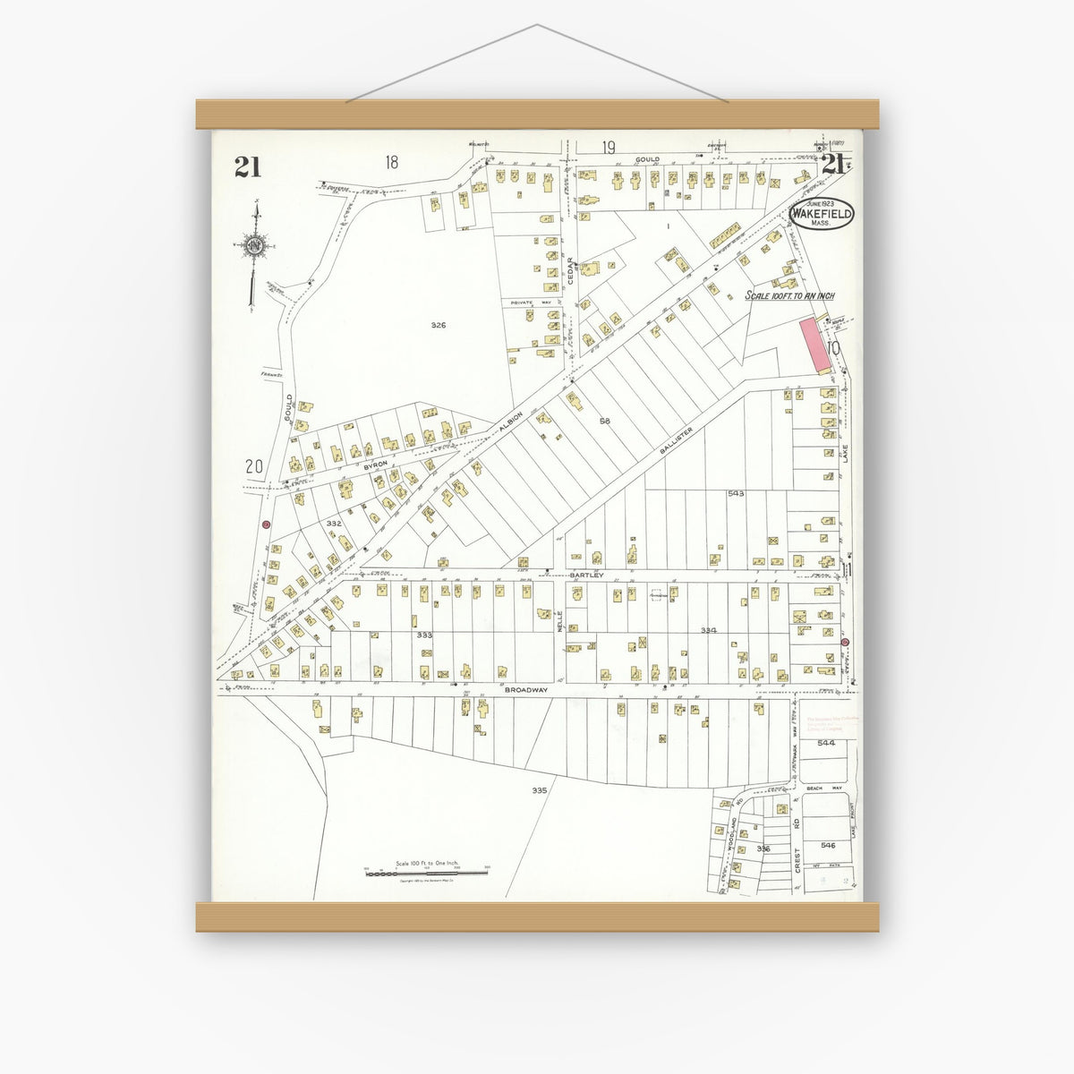 Old map wall art mockup — magnetic wood frame on white wall — Sanborn Fire Insurance Map from Wakefield, Middlesex County, Massachusetts (1923), Sheet #0021