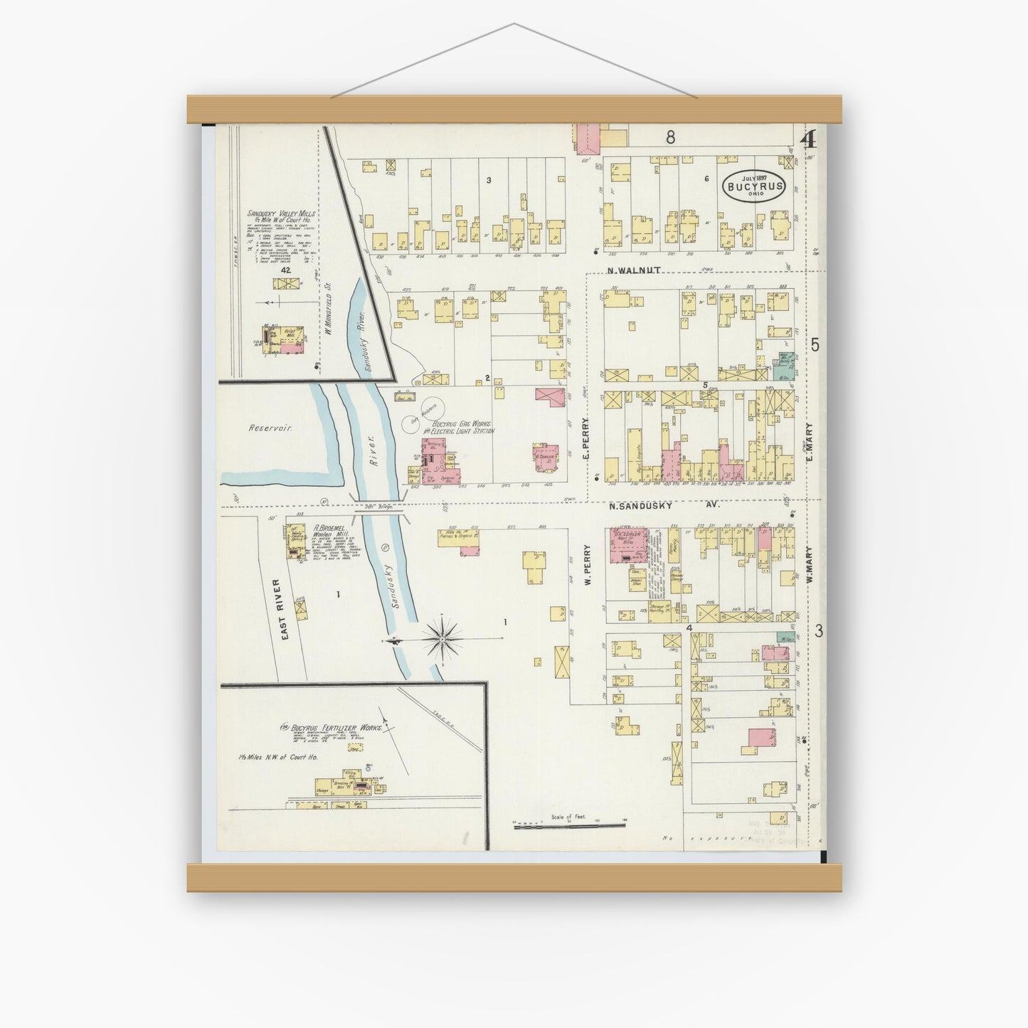 Old map wall art mockup — magnetic wood frame on white wall — Sanborn Fire Insurance Map from Bucyrus, Crawford County, Ohio (1897), Sheet #0004