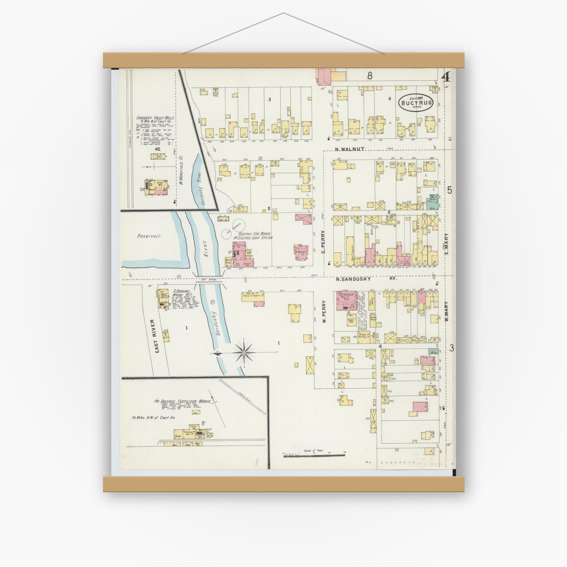 Old map wall art mockup — magnetic wood frame on white wall — Sanborn Fire Insurance Map from Bucyrus, Crawford County, Ohio (1897), Sheet #0004